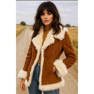 Vintage Shearling Genuine Fur Coat Tie Close Brown Boho Hippie